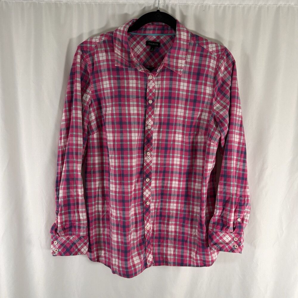 Talbots Blouse Women's Large Pink Plaid Button Up Long Sleeve Collared Lightweig